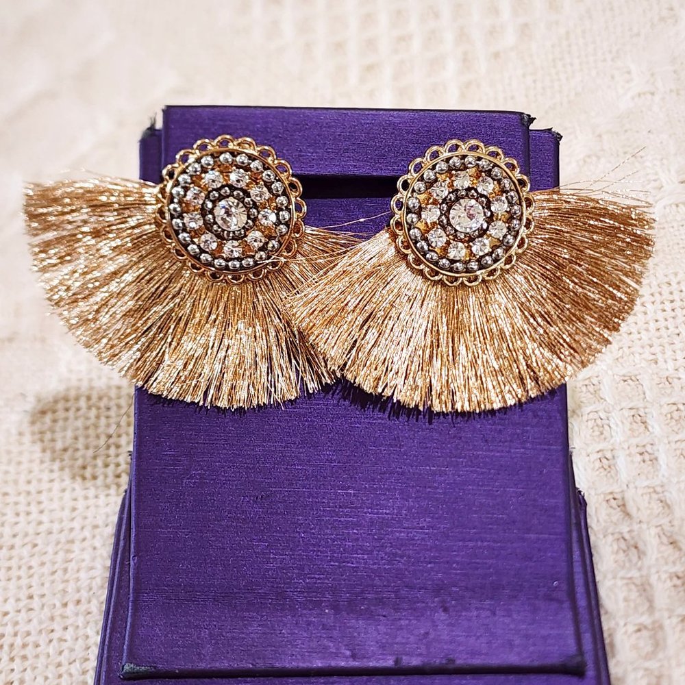 Boho Tribal Gold Metallic Thread Gold Medallion Rhinestone Stud Pierced Earrings